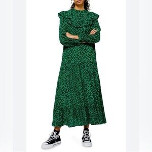 Topshop Green Black Leopard Ruffled Tiered Long Sleeve Prairie Dress